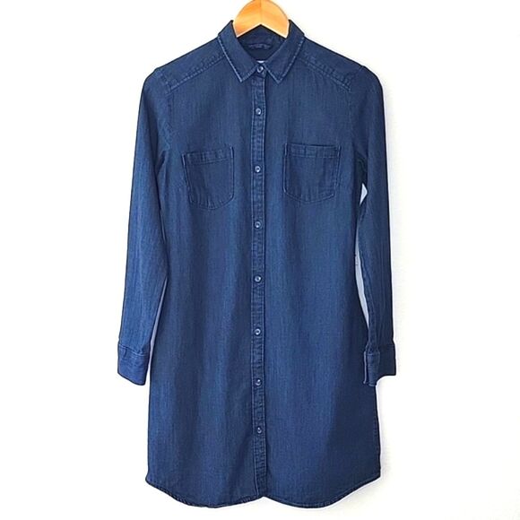 A NEW DAY 100% Cotton Blue Denim Long Sleeve Collared Button Down Shirt Dress XS - Picture 1 of 11